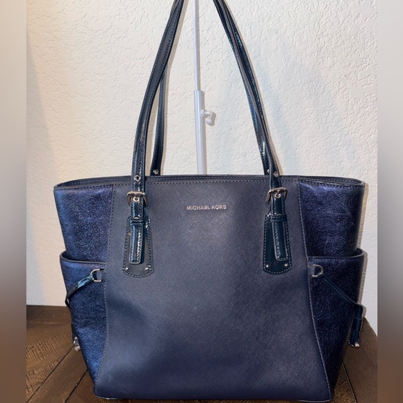Michael Kors Navy Blue Saffiano Tote w/ Metallic Side Panels
